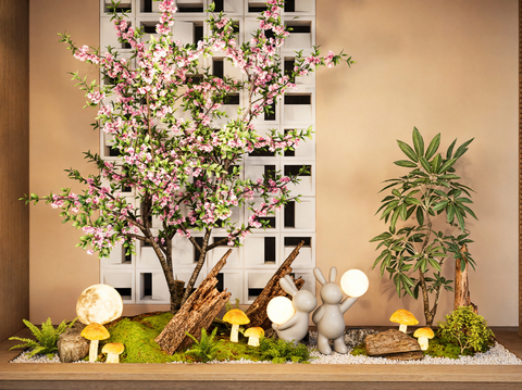  室内景观 造景桃树 兔子月球灯头su模型 