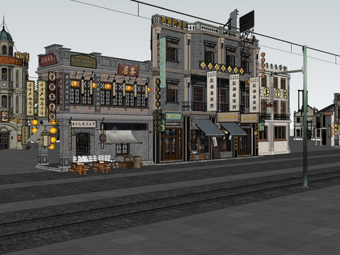  新中式商业街 步行街su模型 