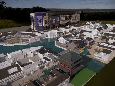  商业水街 商业街区su模型 