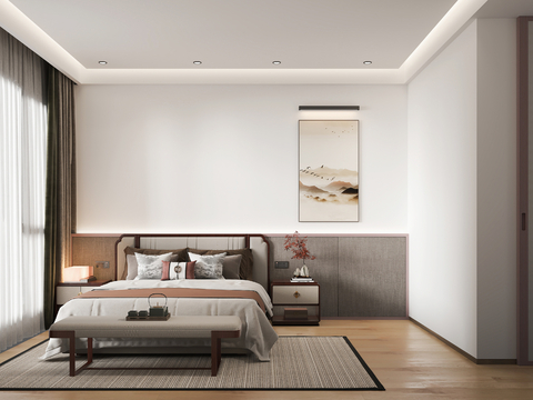  新中式酒店客房su模型 