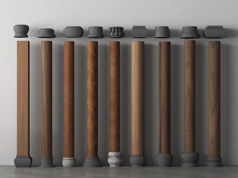  新中式柱子 木柱 原木柱子 柱础石su模型 