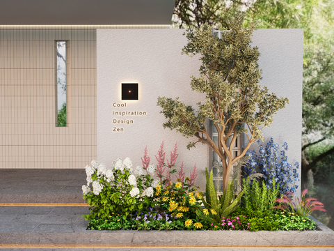  别墅庭院入户花镜 景观景墙 绿植堆su模型 