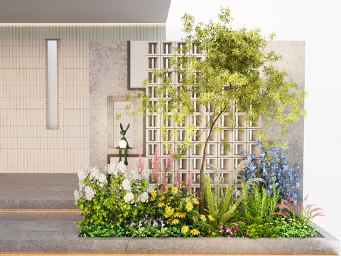  庭院入户花镜 绿植堆 景墙su模型 