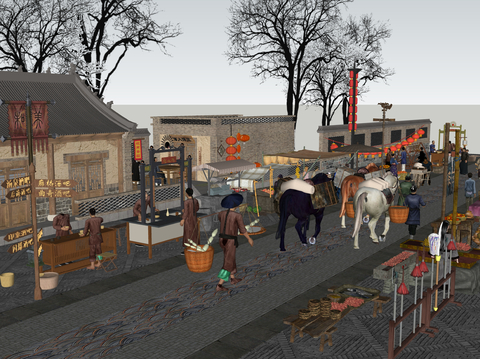  古代建筑 古街道古市集su模型 