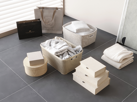  现代收纳盒 置物篓 藤编收纳筐su模型 