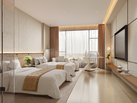  现代酒店套房 标间 双人房su模型 