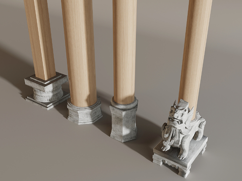  中式石墩子柱子 石鼓木柱 柱子su模型 