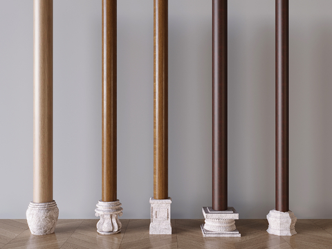  中式柱子 木质圆柱 柱基石su模型 