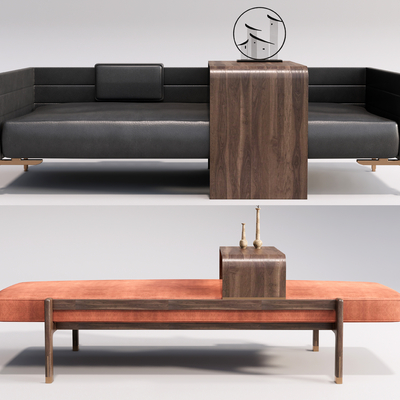  新中式皮革脚踏床尾凳su模型 