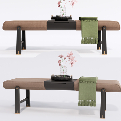  新中式布艺床尾凳su模型 