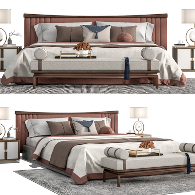 新中式布艺双人床su模型