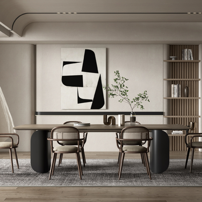 侘寂风实木餐桌椅su模型