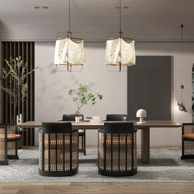 侘寂实木餐桌椅su模型