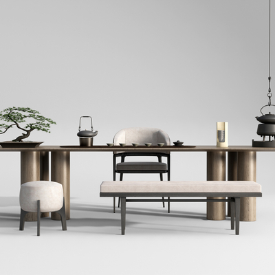 新中式实木茶桌椅su模型