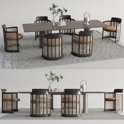 新中式藤编餐桌椅su模型
