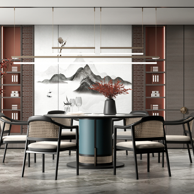 新中式圆形餐桌椅su模型