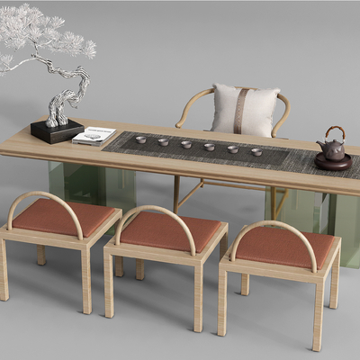 新中式实木茶桌椅su模型