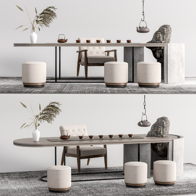 新中式实木茶桌椅su模型