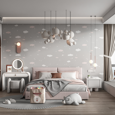 现代卧室女儿房su模型