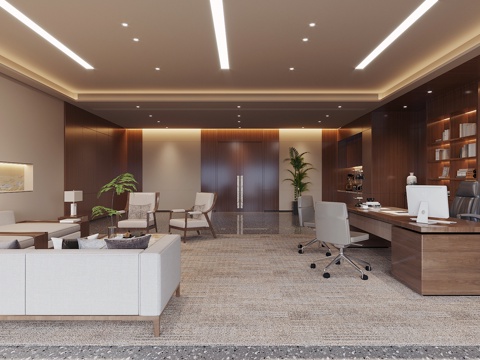  新中式办公室 董事长办公室su模型 