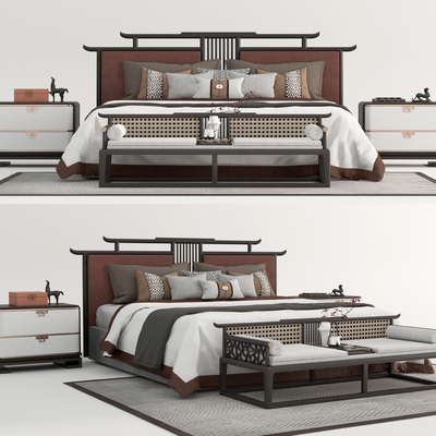 新中式布艺双人床su模型