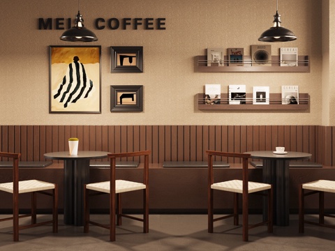  侘寂咖啡店就餐区 卡座桌椅su模型 