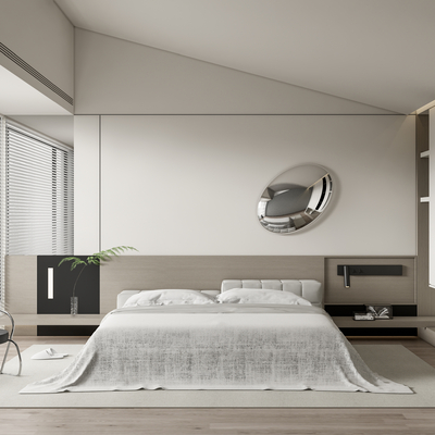 现代奶油白极简卧室主人房su模型