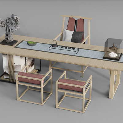 新中式实木茶桌椅su模型