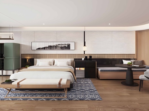  新中式酒店客房 标间su模型 