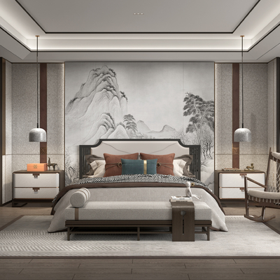 新中式卧室主人房su模型