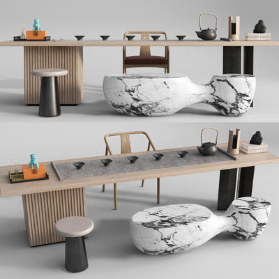 新中式实木茶桌椅su模型