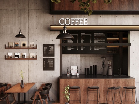  原木风咖啡厅操作台 奶茶店工作台 餐厅水吧台 咖啡店工作台su模型 