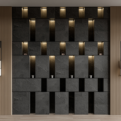 新中式石材背景墙 岩石墙su模型