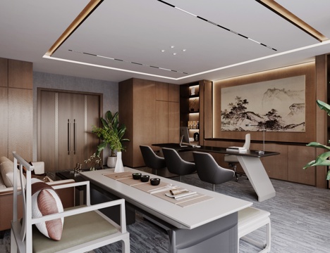  新中式办公室 董事长办公室su模型 