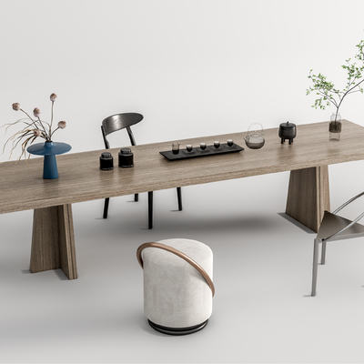 新中式实木茶桌椅su模型