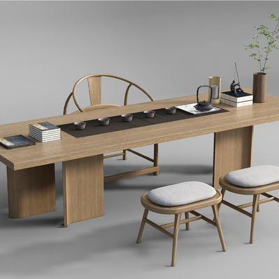 新中式实木茶桌椅su模型