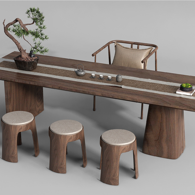 新中式茶桌椅su模型