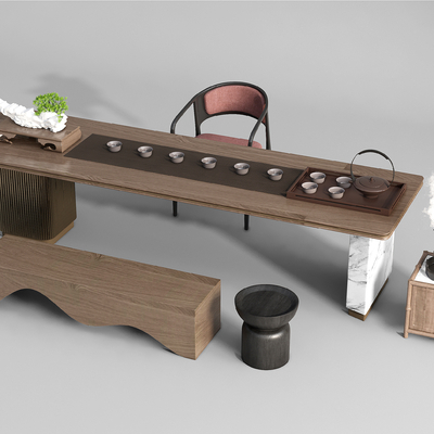 新中式实木茶桌椅su模型