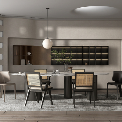 侘寂大理石餐桌椅su模型