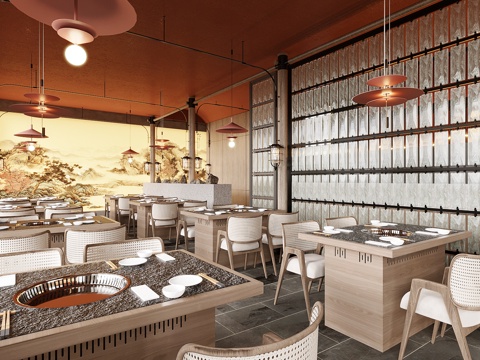  新中式火锅店 餐厅su模型 