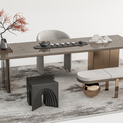 新中式茶桌椅su模型