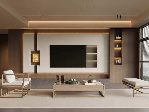  中古风客厅 电视背景墙 沙发茶几组合su模型 