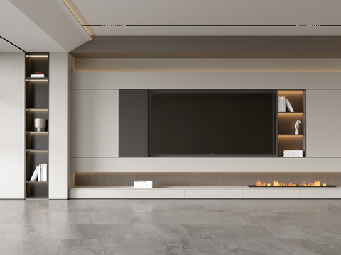 现代简约客厅 轻奢电视背景墙 满墙电视柜 木饰面背景墙su模型