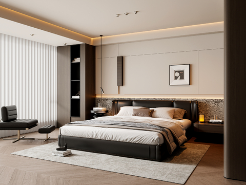 现代意式卧室 皮质双人床 床头柜 吊灯 挂画 地毯su模型