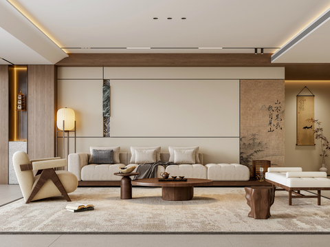 新中式客厅 宋代美学家具 沙发茶几组合 宋氏背景墙 硬包背景su模型