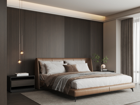 现代卧室 主卧 次卧 老人房 无主灯卧室 吊灯 装饰画 摆件su模型