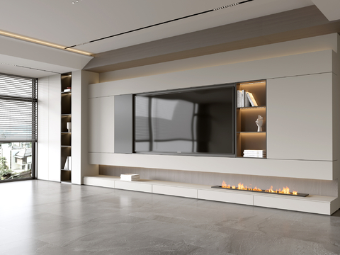 现代简约客厅 轻奢电视背景墙 满墙电视柜 木饰面背景墙su模型