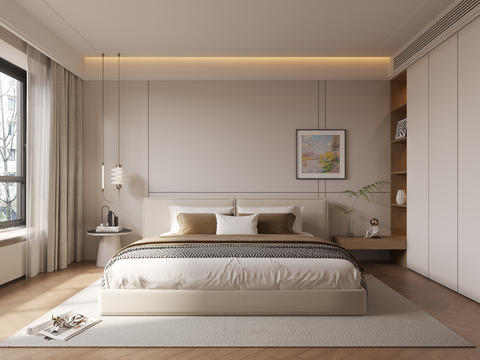 现代奶油风卧室 主卧 衣柜 布艺双人床 床头柜 吊灯 装饰画su模型