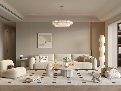现代奶油风客厅su模型