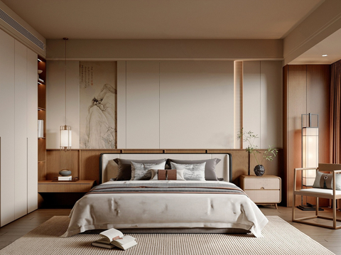 新中式宋氏卧室 禅意卧室床具床柜 新中式衣柜悬浮柜 新中式落su模型
